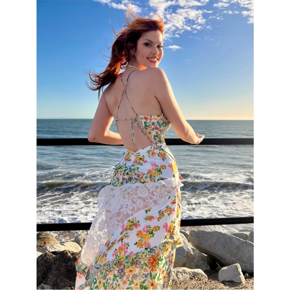 For Love And Lemons Floral The Rosalyn Maxi Marigold Green XL NEW